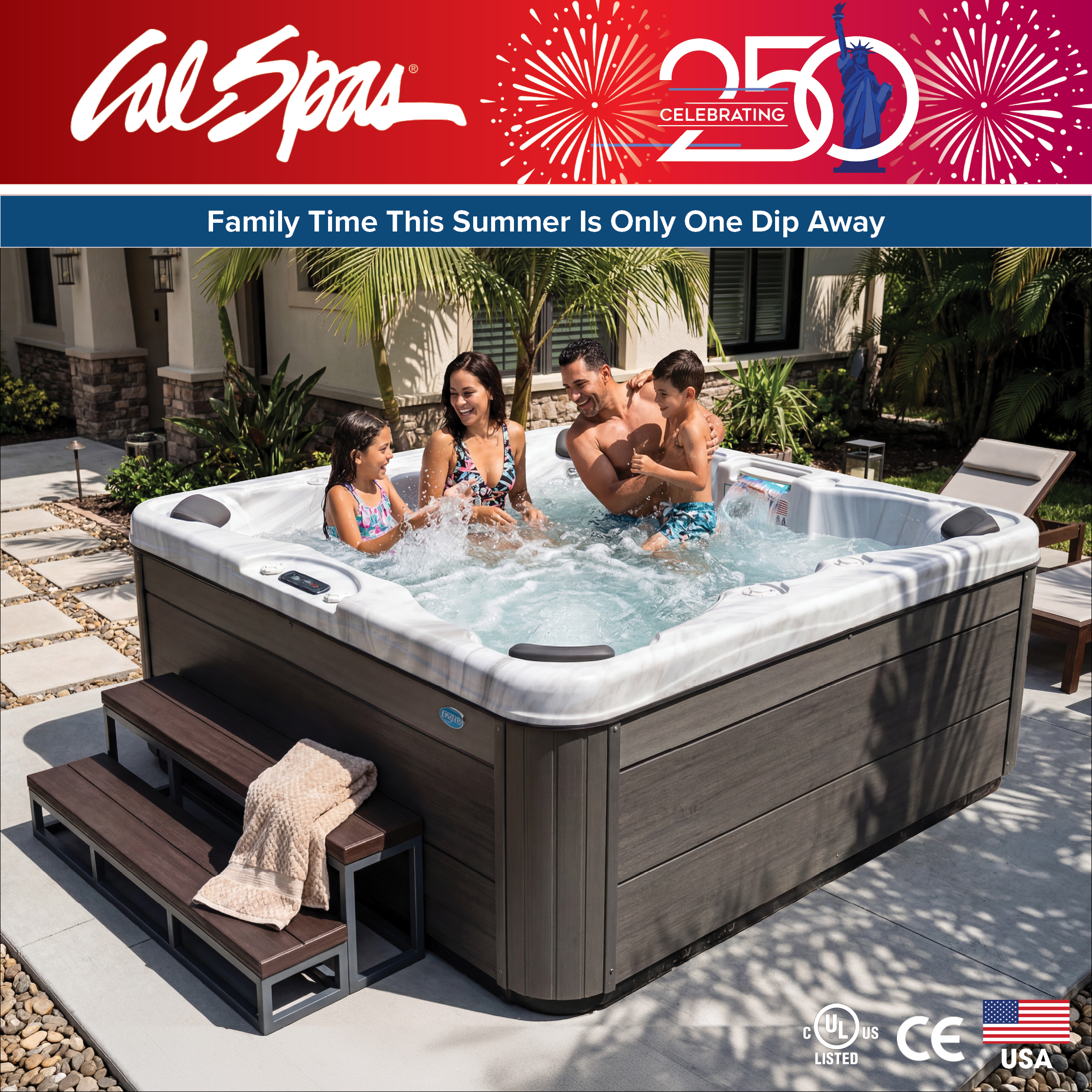 Calspas hot tub being used in a family setting - Indio